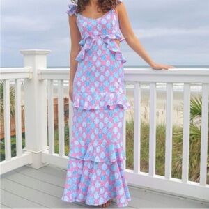 Simply Southern Ruffled Shell Print Maxi Dress in Pink & Light Blue XXL NWT